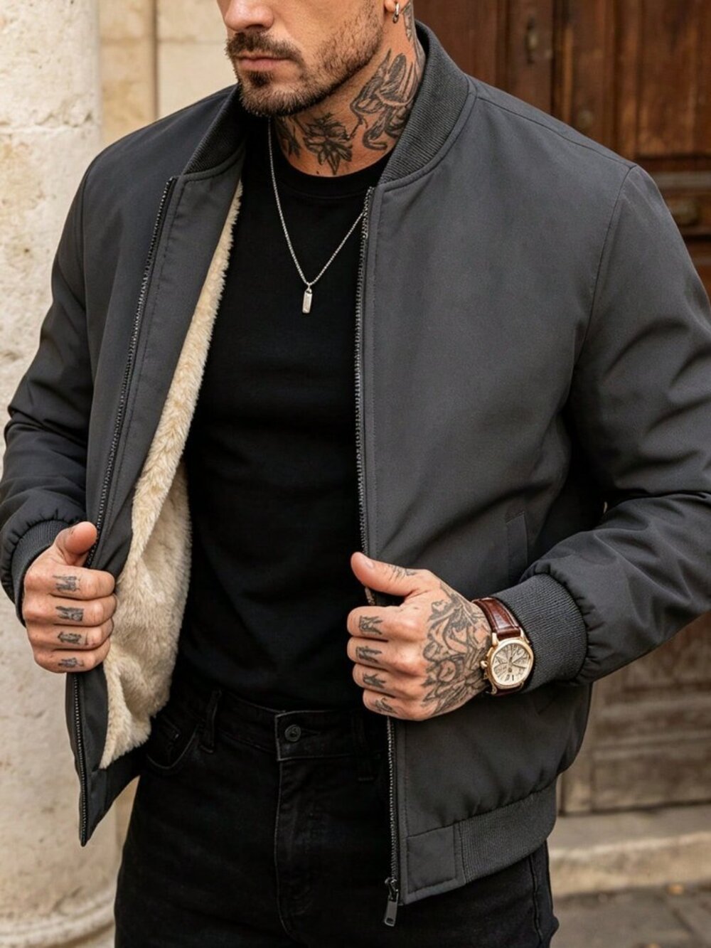 Dark Grey Casual Men's Regular Fit Thermal-Lined Collar Bomber Jacket